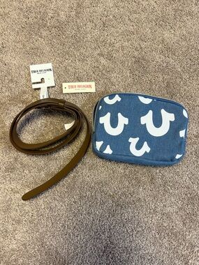 True Religion Blue Canvas Logo Belt Bag with Brown Strap